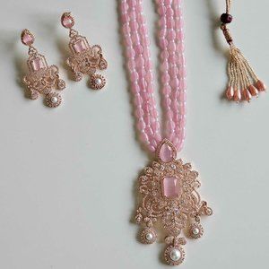 Cocktail wear Kundan Pastel Pink Layered Necklace Set with earstuds+danglers